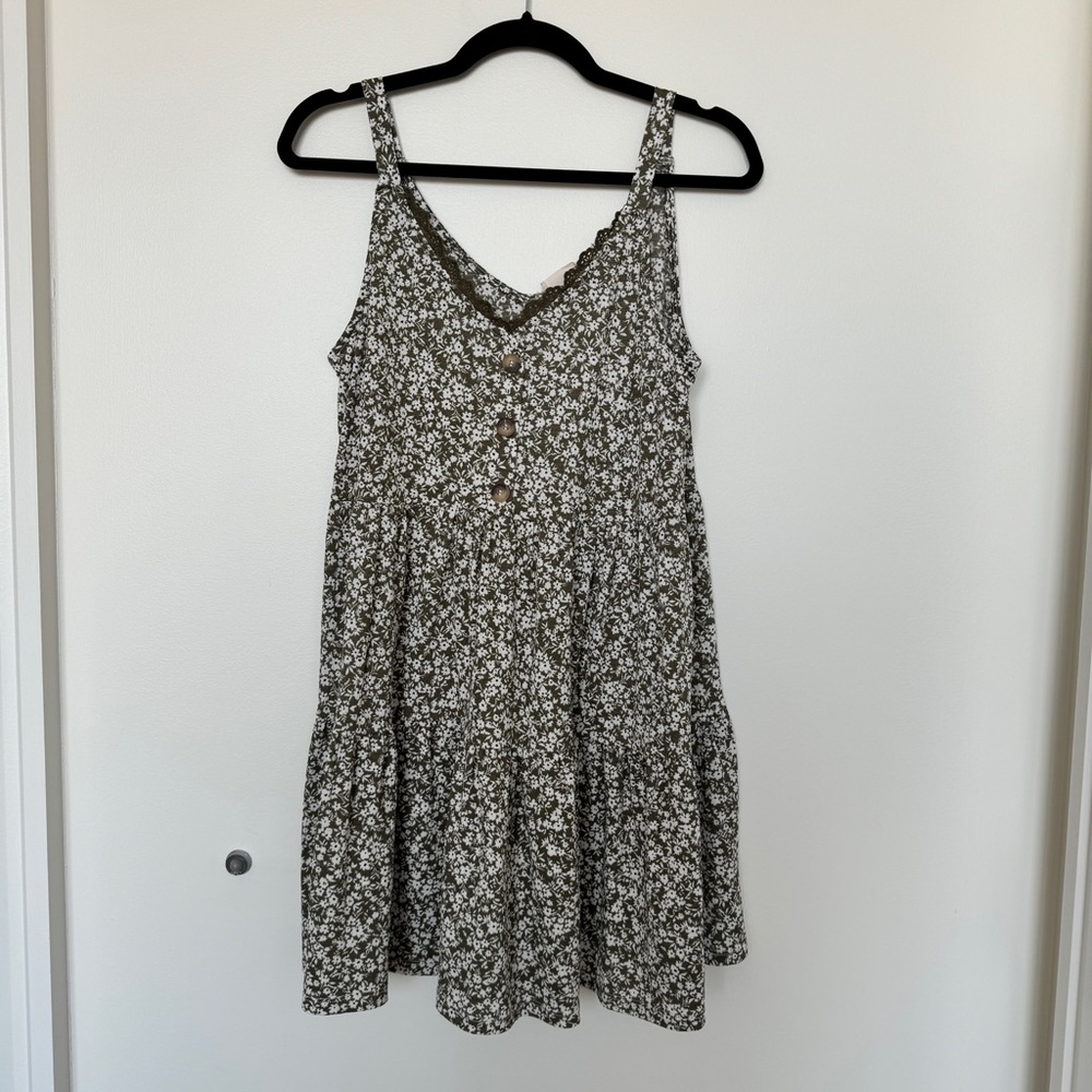 Altar’d State Green and White Floral Tiered Babydoll Mini Dress Sleeveless